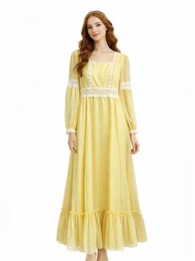 Vintage yellow white Swiss dot long sleeve maxi dress cottagecore flower child M